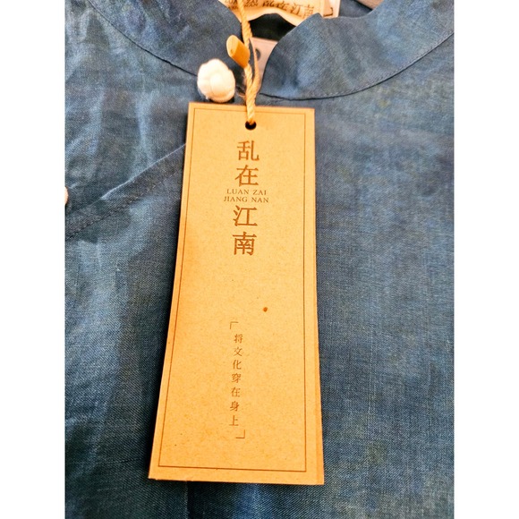 Chinese Style Long Dress with Magnolia Flower Print Blue Size Large High Neck - Picture 10 of 11